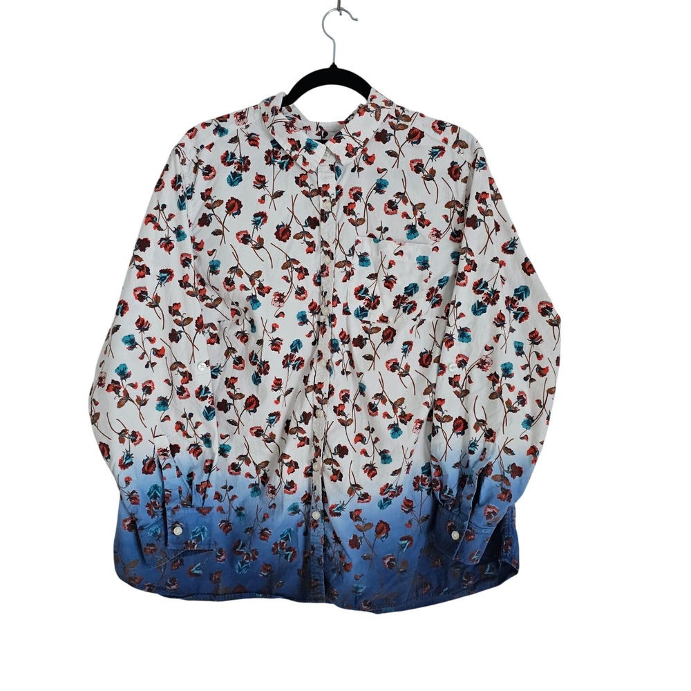 Lands End Womens 1X‎ Floral Ombre Long Sleeve Cotton Button Down Shirt